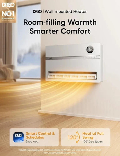 Dreo Smart Wall Heater Electric 1500W Adjustable Thermostat Oscillation Timer