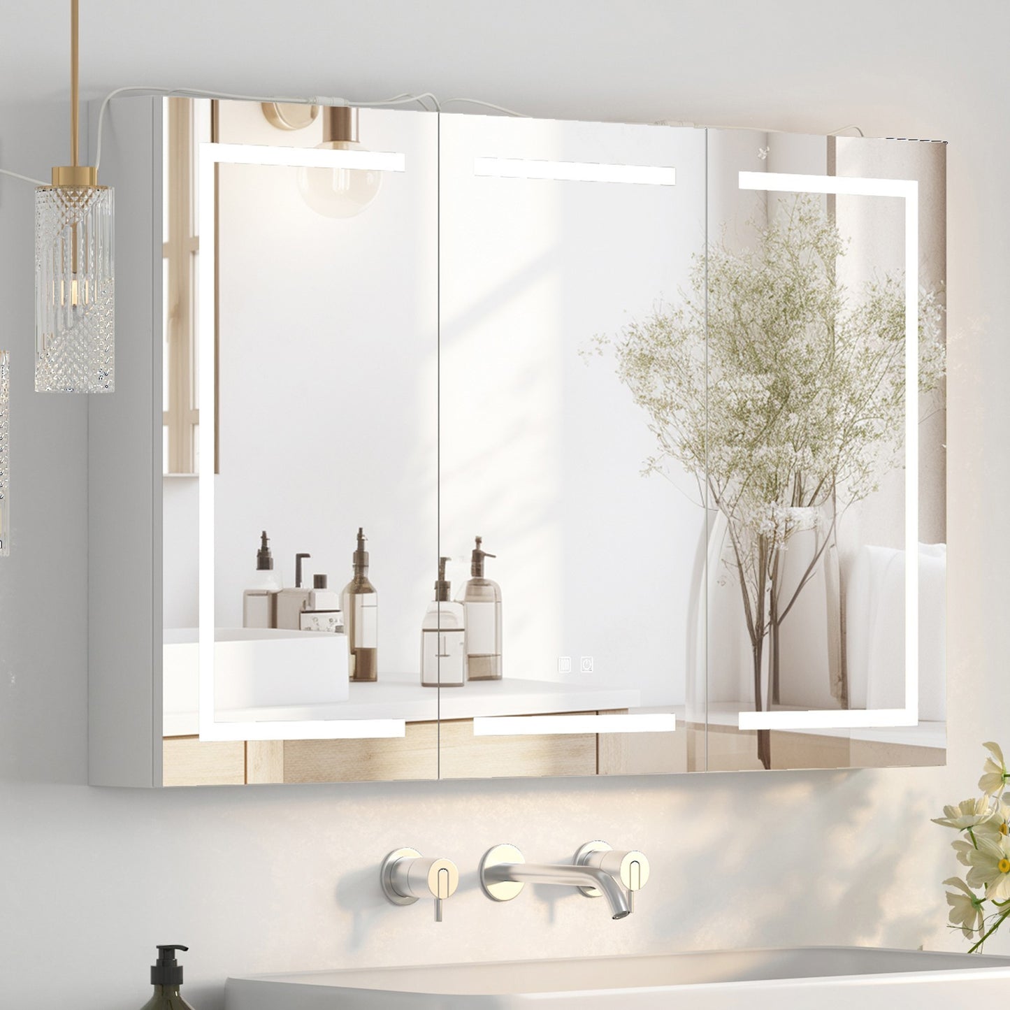 Large LED Medicine Cabinet Bathroom Mirror Cabinet with Light 3 Color 47×30 Inch