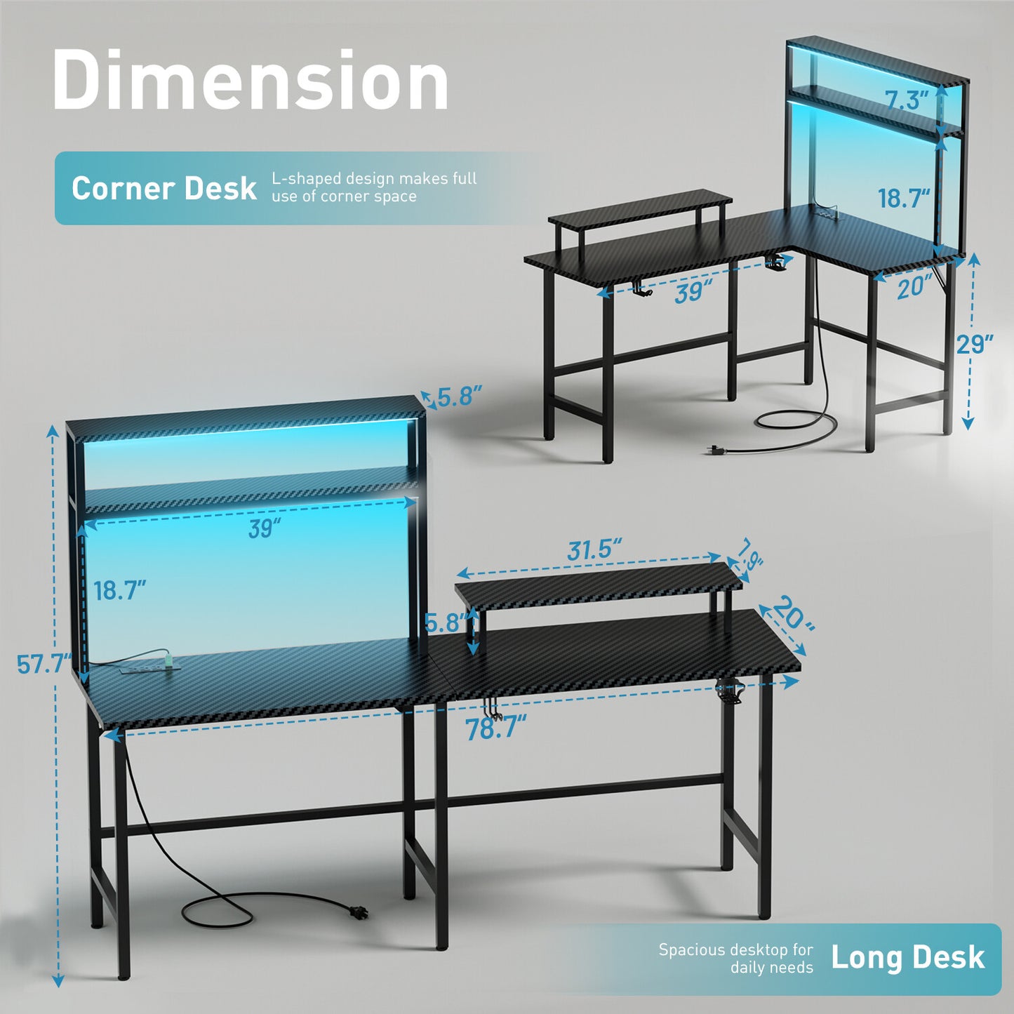 L Shaped Gaming Desk with LED Light & Power Outlet, Reversible Computer Table