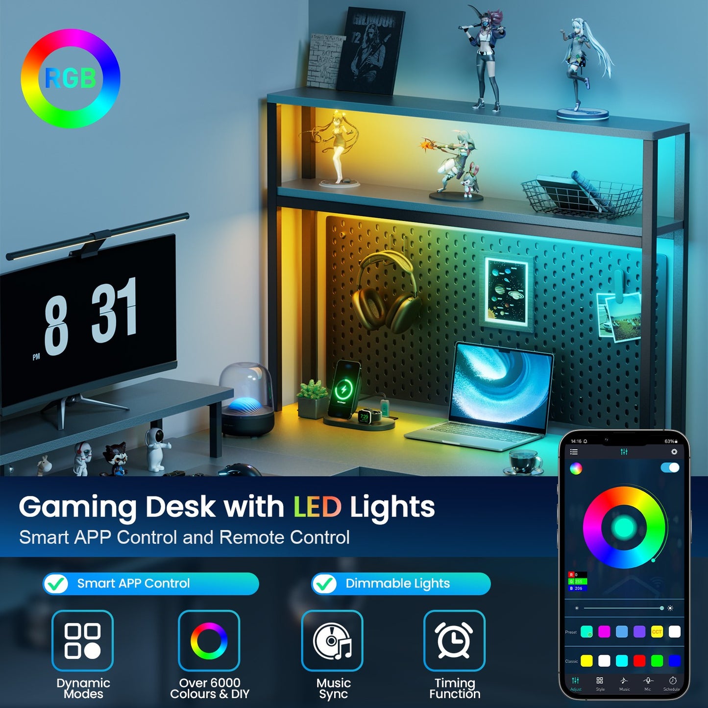 L Shaped Gaming Desk with LED & Power Outlets, Computer Desk with Monitor Stand