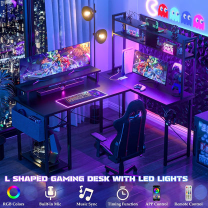 Reversible L-Shaped Computer Desk Gaming Desk with LED Lights and Power Outlets