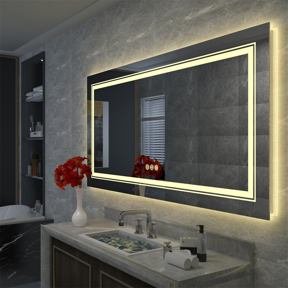Bathroom Mirror with Front+Backlit Lights Dimmable Wall Vanity Mirrors Anti-Fog