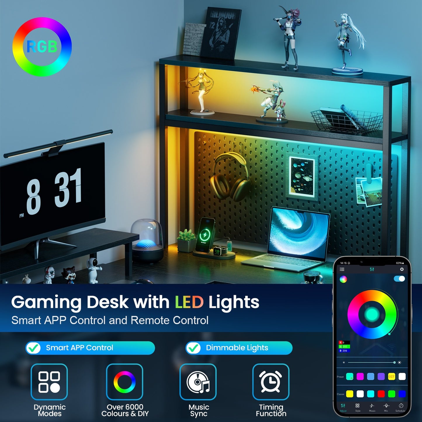 L Shaped Gaming Desk with LED & Power Outlets, Computer Desk with Monitor Stand