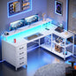 L Shaped Desk with 4 Drawers &Storage Shelves, Corner Computer Desk w/LED Lights