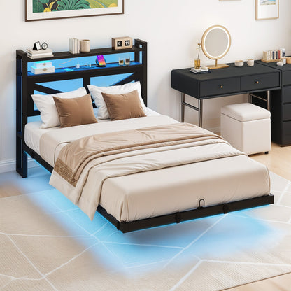 Twin Size Floating Bedroom Bed Frame with USB Charging Port & LED Lights Metal