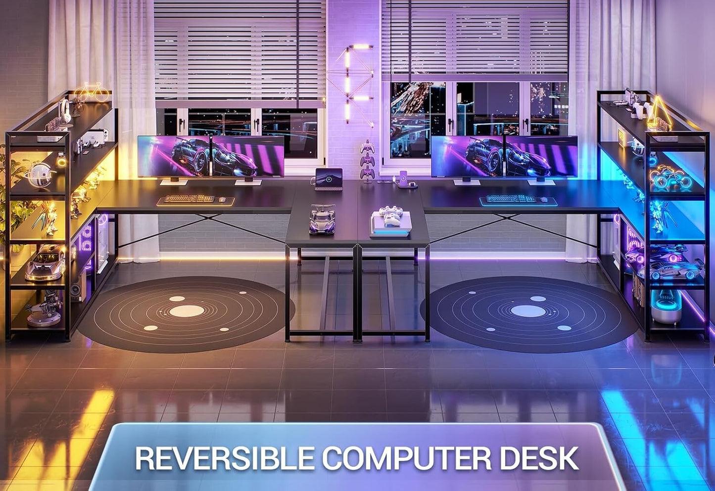 L Shaped Computer Desk, 63" Reversible Office Desk w/Storage Shelves &LED Lights