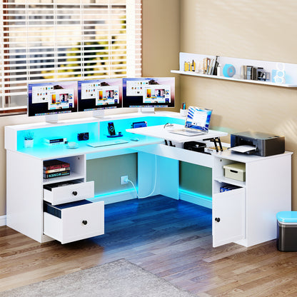 60" Lift Top L Shaped Desk with Power Outlets & LED Lights Corner Computer Desk