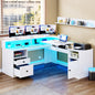 60" Lift Top L Shaped Desk with Power Outlets & LED Lights Corner Computer Desk