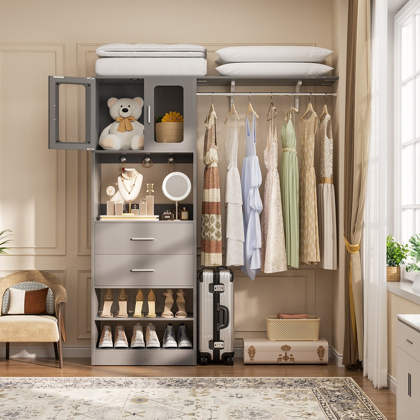 60'' W Walk-in Closet Organizer System with Door Storage Cabinet and Wood Drawer