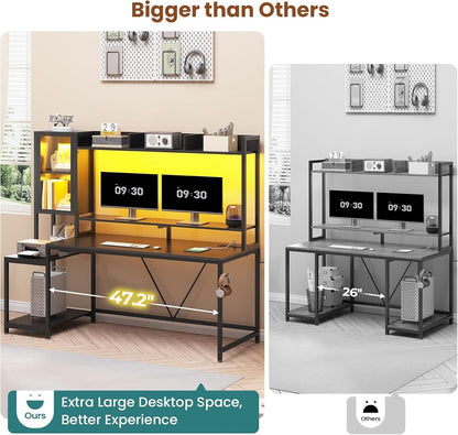 60'' Gaming Desk with Hutch and LED Lights, Computer Desk with Storage Shelves