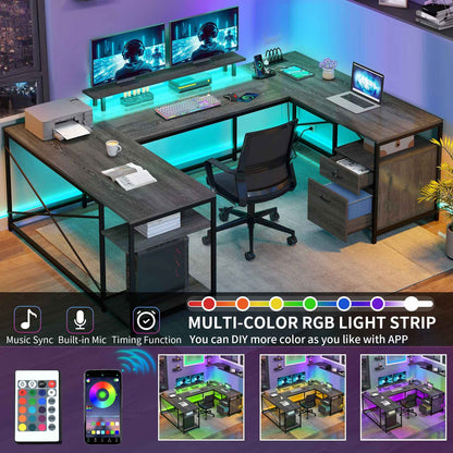 79" L-Shaped Desk U Shaped Gaming Desk Computer Desk with LED Strip & Outlets