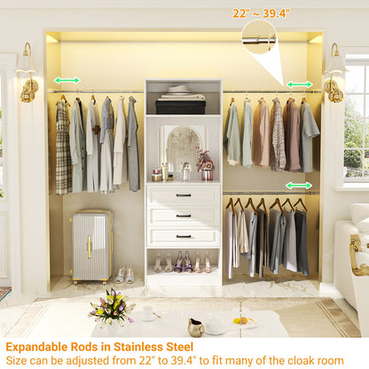 48''-96'' Walk-in Closet Organizer System with Mirror ＆ Drawers ＆ 3 Hanging Rods