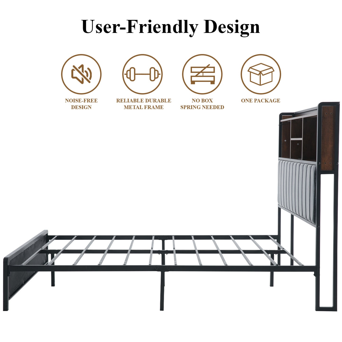E-Motie Full Size LED Bed Frame with Storage Headboard and Charging Station