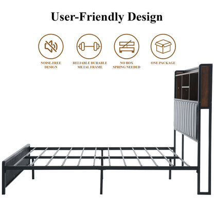 E-Motie Full Size LED Bed Frame with Storage Headboard and Charging Station