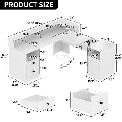 60" Lift Top L Shaped Desk with Power Outlets & LED Lights Corner Computer Desk
