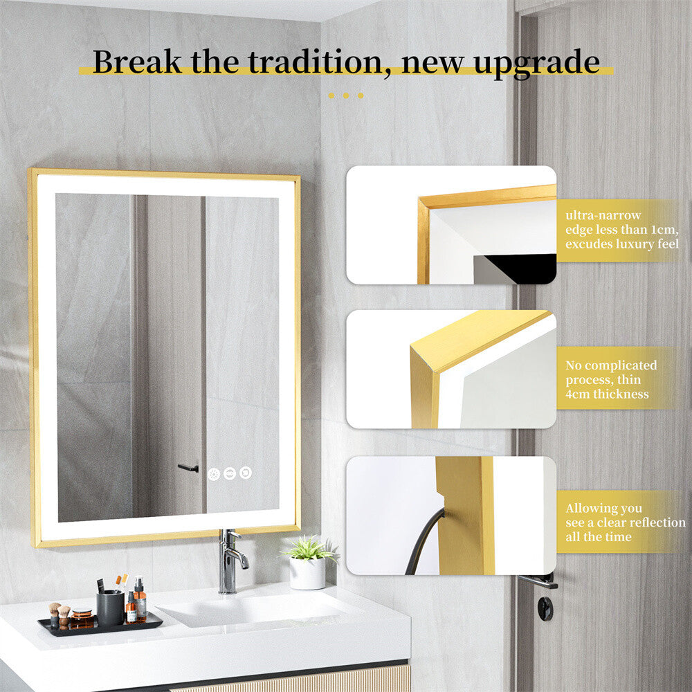 LED Mirror Bathroom Wall Mirrors w/ Lights Gold Frame Dimmable 3 Colors Anti-fog