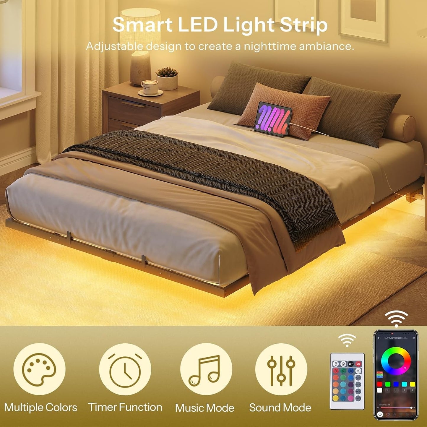 HOOBRO Floating Bed Frame Full Size Bed Frame w/Charging Station and LED Lights