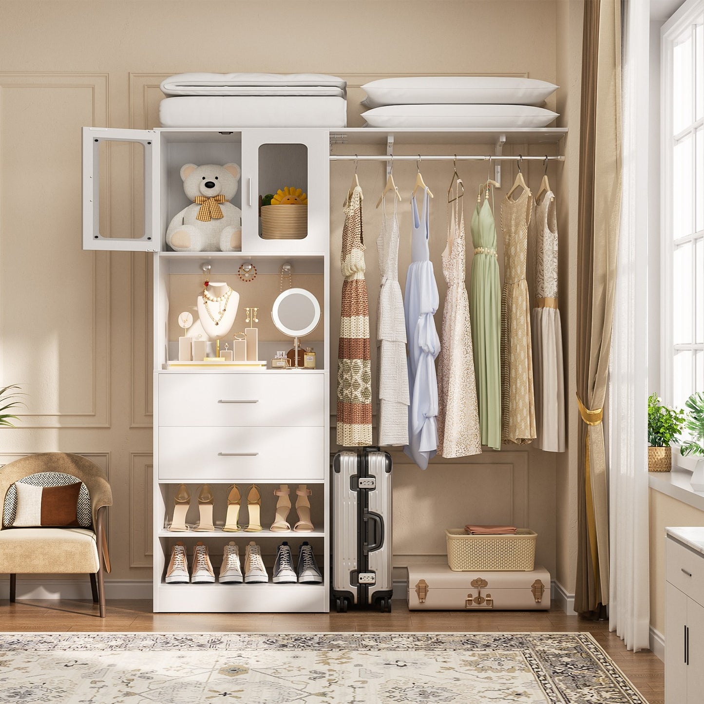 60'' W Walk-in Closet Organizer System with Door Storage Cabinet and Wood Drawer