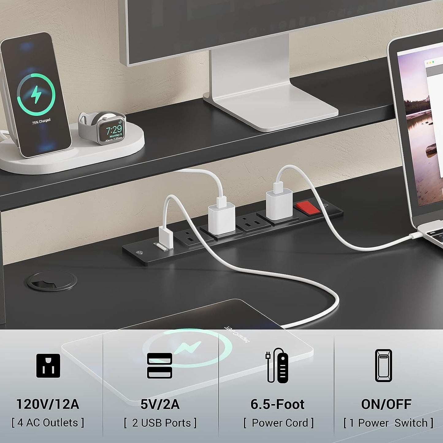 L Shaped Computer Desk with Led Lights 66" Home Office Desk with Power Outlet