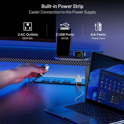 Gaming Desk with LED Lights & Power Outlets, Gamer Desk with Monitor Stand