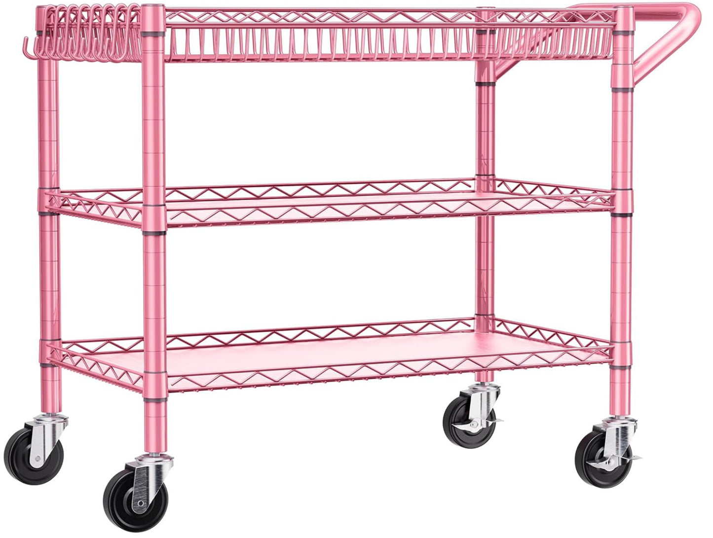 Heavy Duty Utility Cart with Handle 990lbs Capacity Metal 3 Tier Rolling Carts