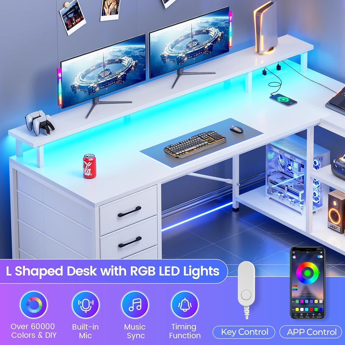 L Shaped Desk with 4 Drawers &Storage Shelves, Corner Computer Desk w/LED Lights
