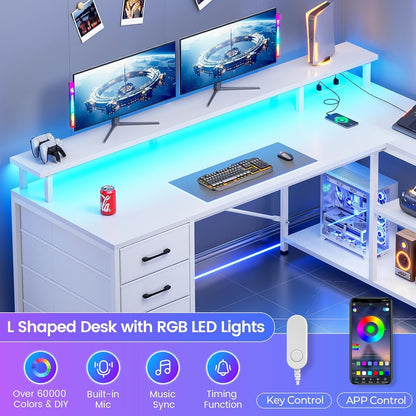 L Shaped Desk with 4 Drawers &Storage Shelves, Corner Computer Desk w/LED Lights