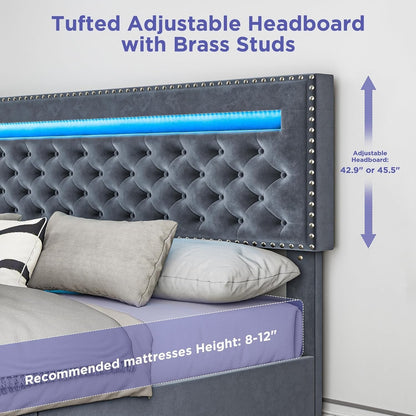 Queen Size Bed Frame with LED Lights Velvet Upholstered Platform with Storage f