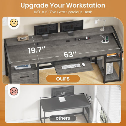 Computer Desk with LED Lights & Power Outlet, Office Desk with Lockable Drawers