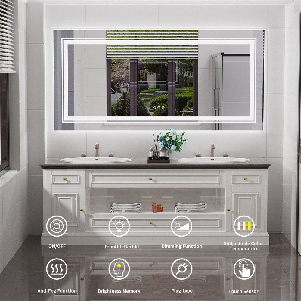 Bathroom Mirror with Front+Backlit Lights Dimmable Wall Vanity Mirrors Anti-Fog