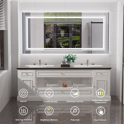 Bathroom Mirror with Front+Backlit Lights Dimmable Wall Vanity Mirrors Anti-Fog