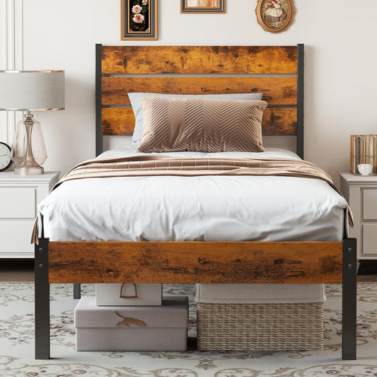 JHK Twin Size Sturdy Metal Platform Bed Frame with Wood Headboard and Footboard