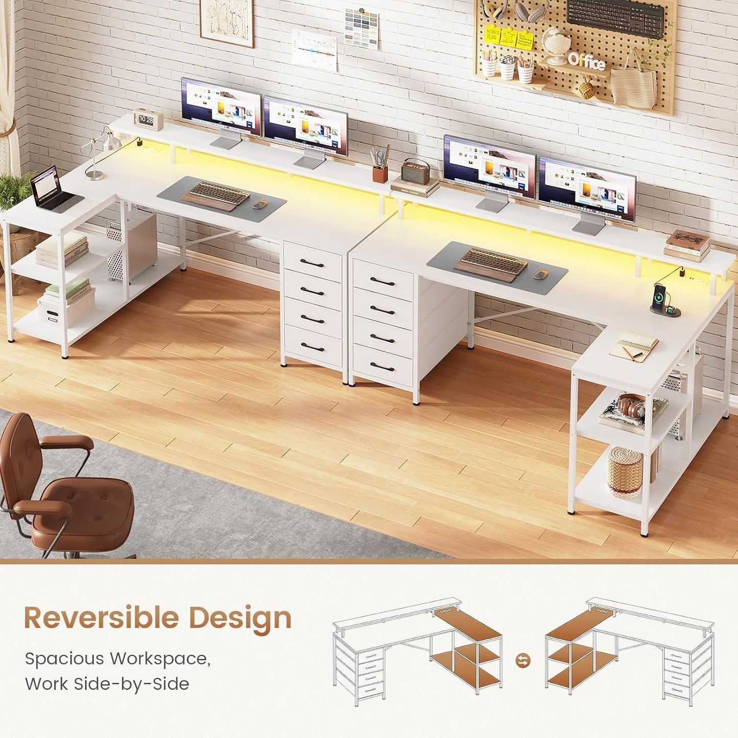 L Shaped Desk with 4 Drawers &Storage Shelves, Corner Computer Desk w/LED Lights