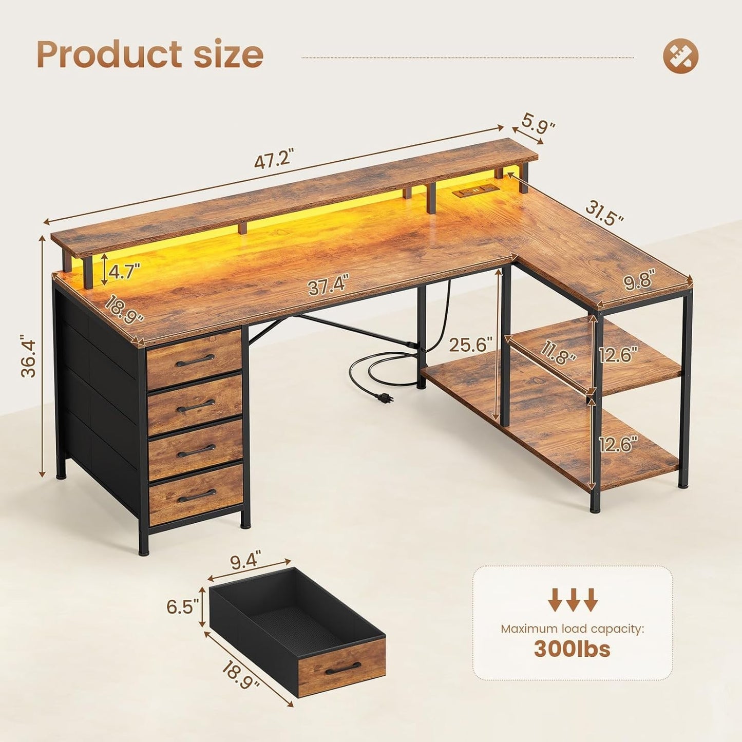 L Shaped Desk with 4 Drawers &Storage Shelves, Corner Computer Desk w/LED Lights