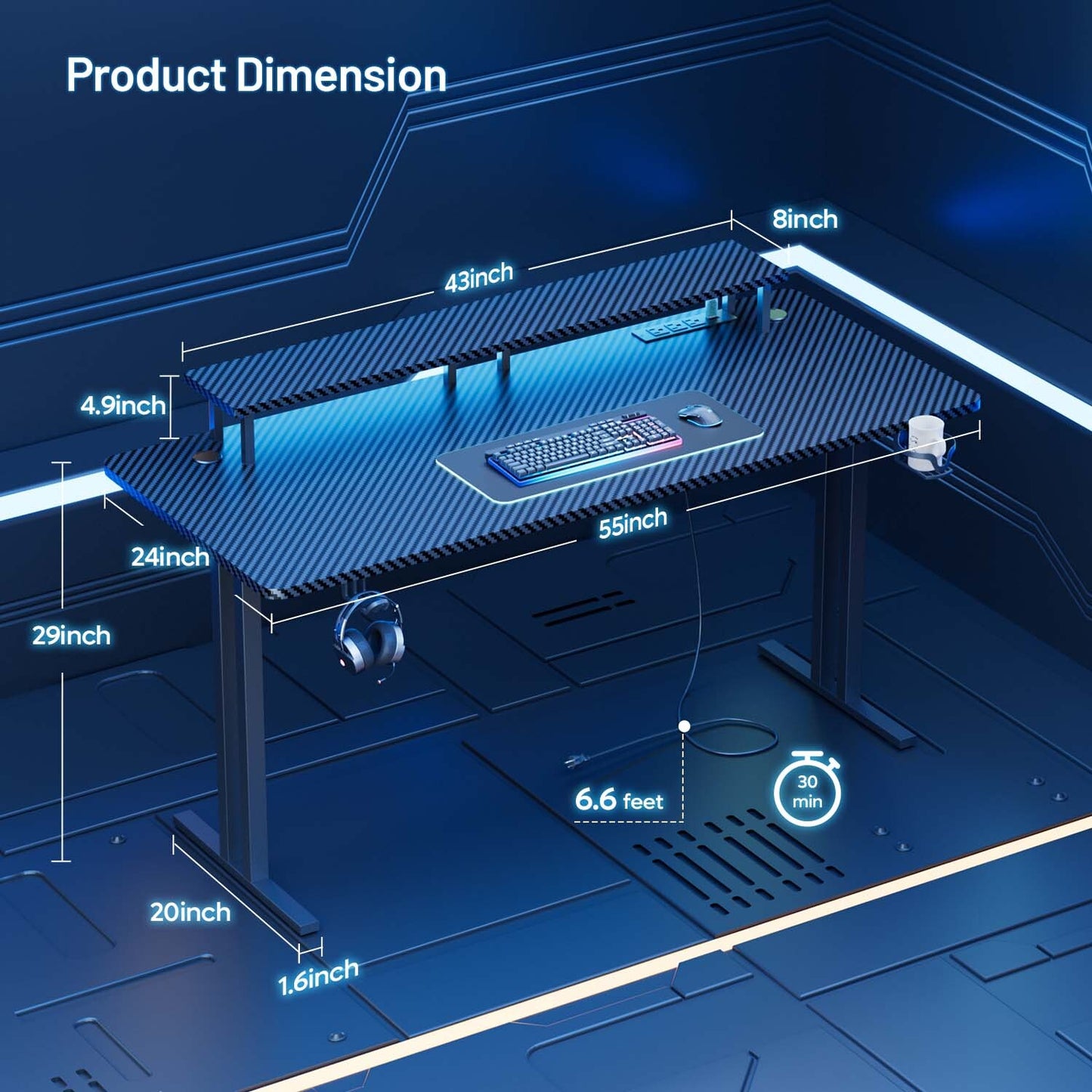 Gaming Desk with LED Lights & Power Outlets, Gamer Desk with Monitor Stand