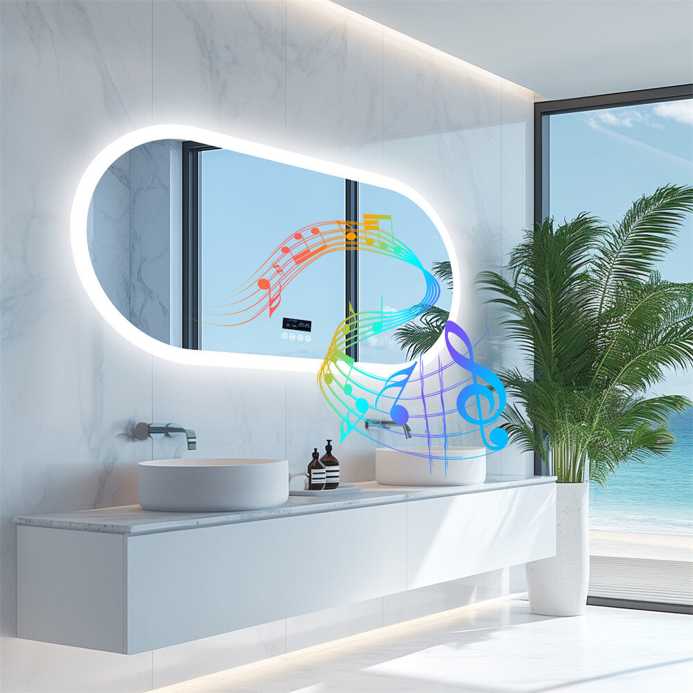 Large Bluetooth LED Bathroom Mirror Wall Vanity Mirror Dimmable Anti-fog Touch