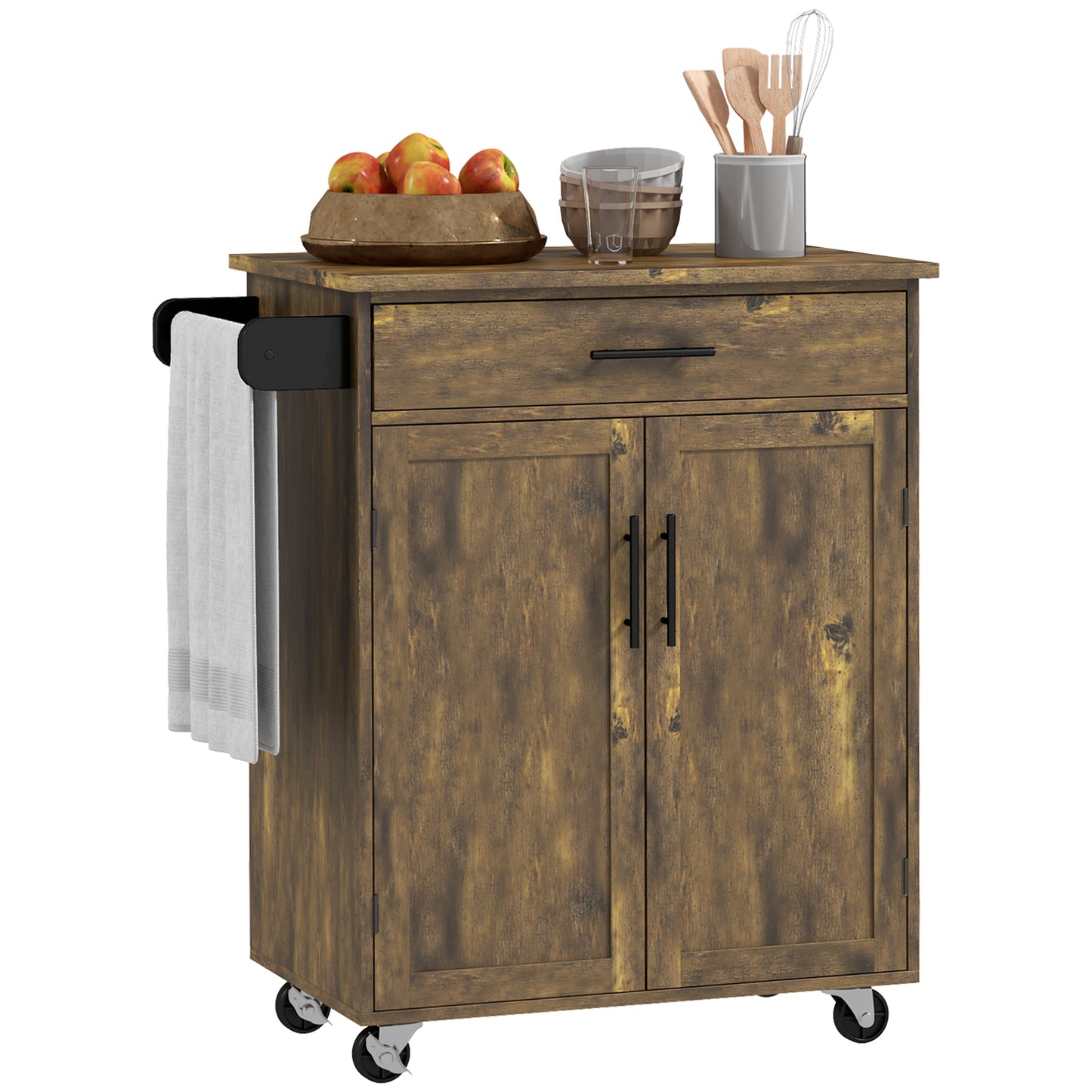 Kitchen Island Cart Rolling Trolley Cart with Drawer Storage Cabinet Towel Rack