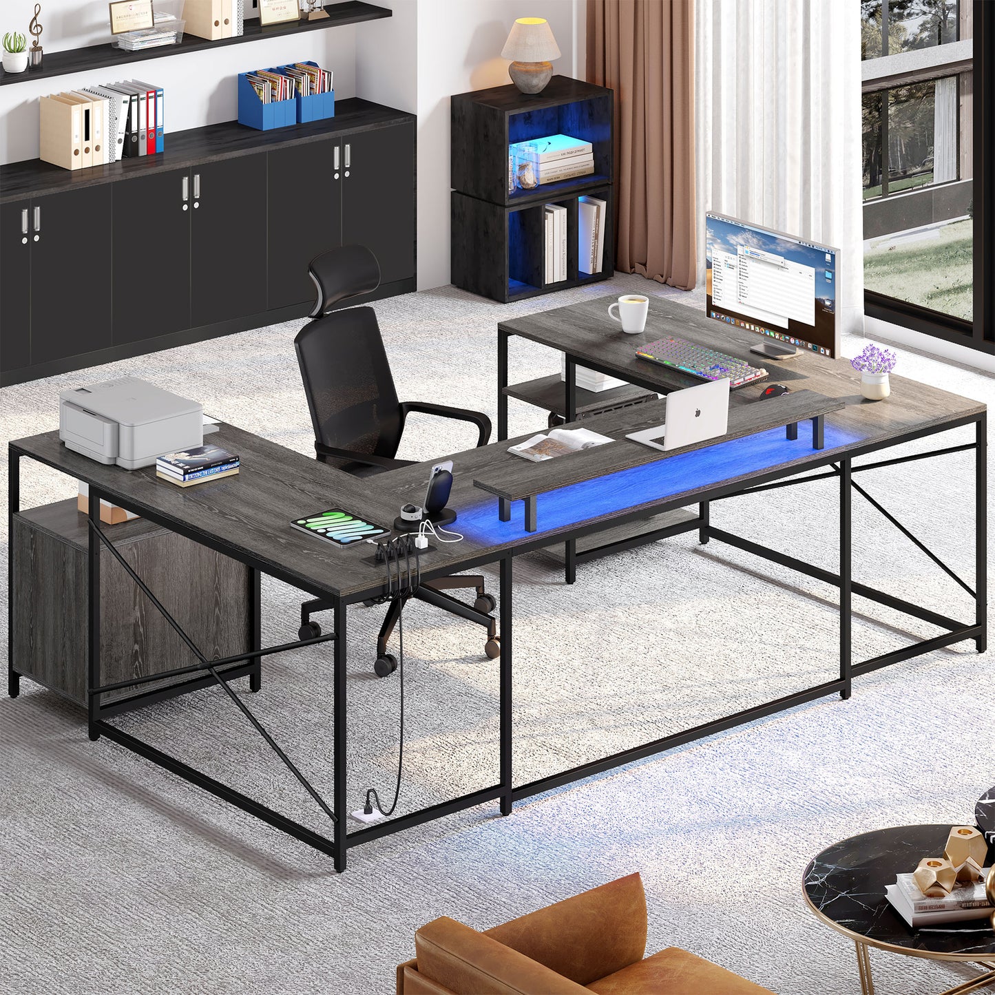 79 inch U Shaped Desk with Power Outlets & LED Lights Reversible Computer Desk