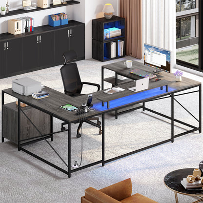 79 inch U Shaped Desk with Power Outlets & LED Lights Reversible Computer Desk