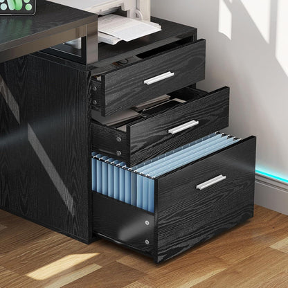 65 in L Shaped Computer Desk with File Drawer Desk w/ Power Outlets & LED Lights