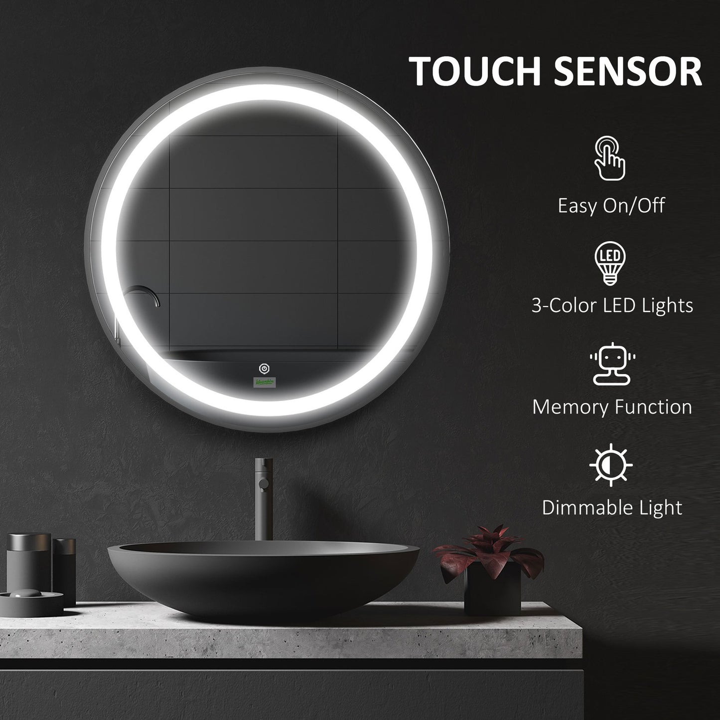 24" LED Smart Bathroom Mirror Wall Mounted Round Vanity Mirror w/ Lights, Black