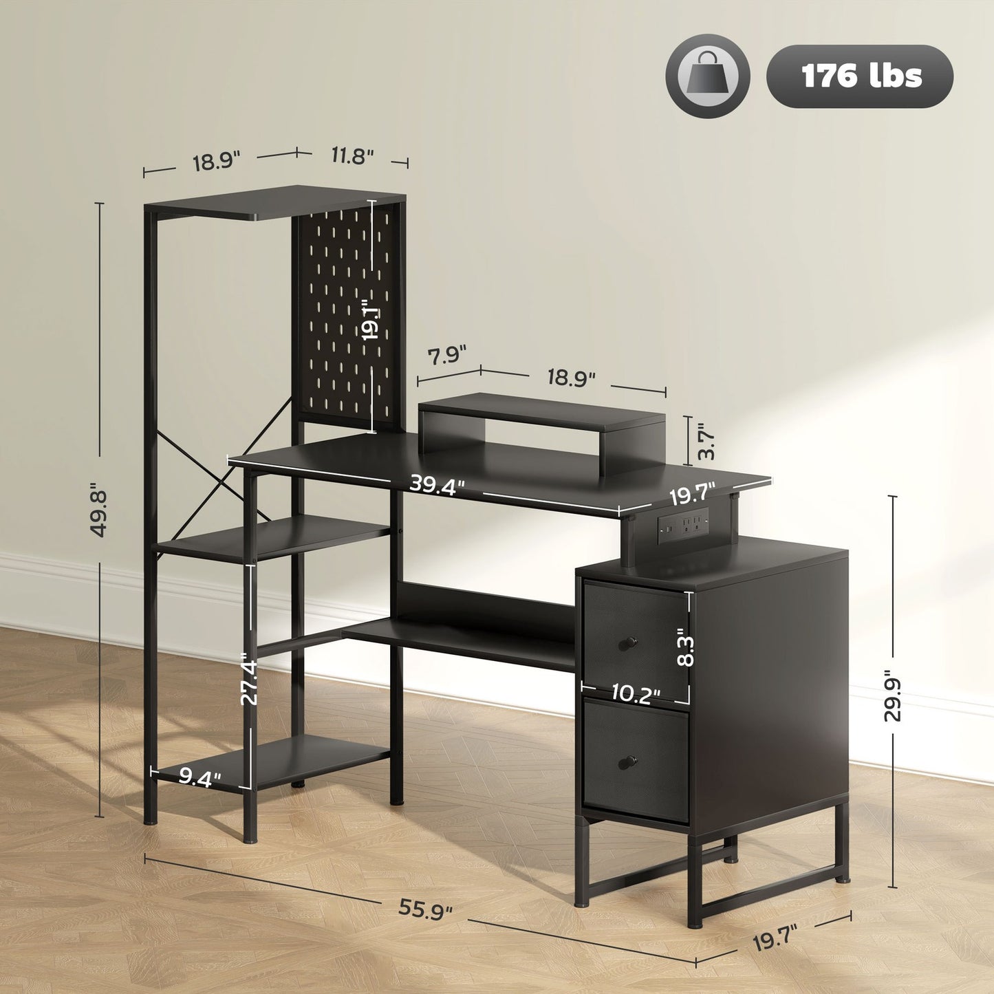 56" Computer Desk with LED Lights, PC Desk with Monitor Stand, Black