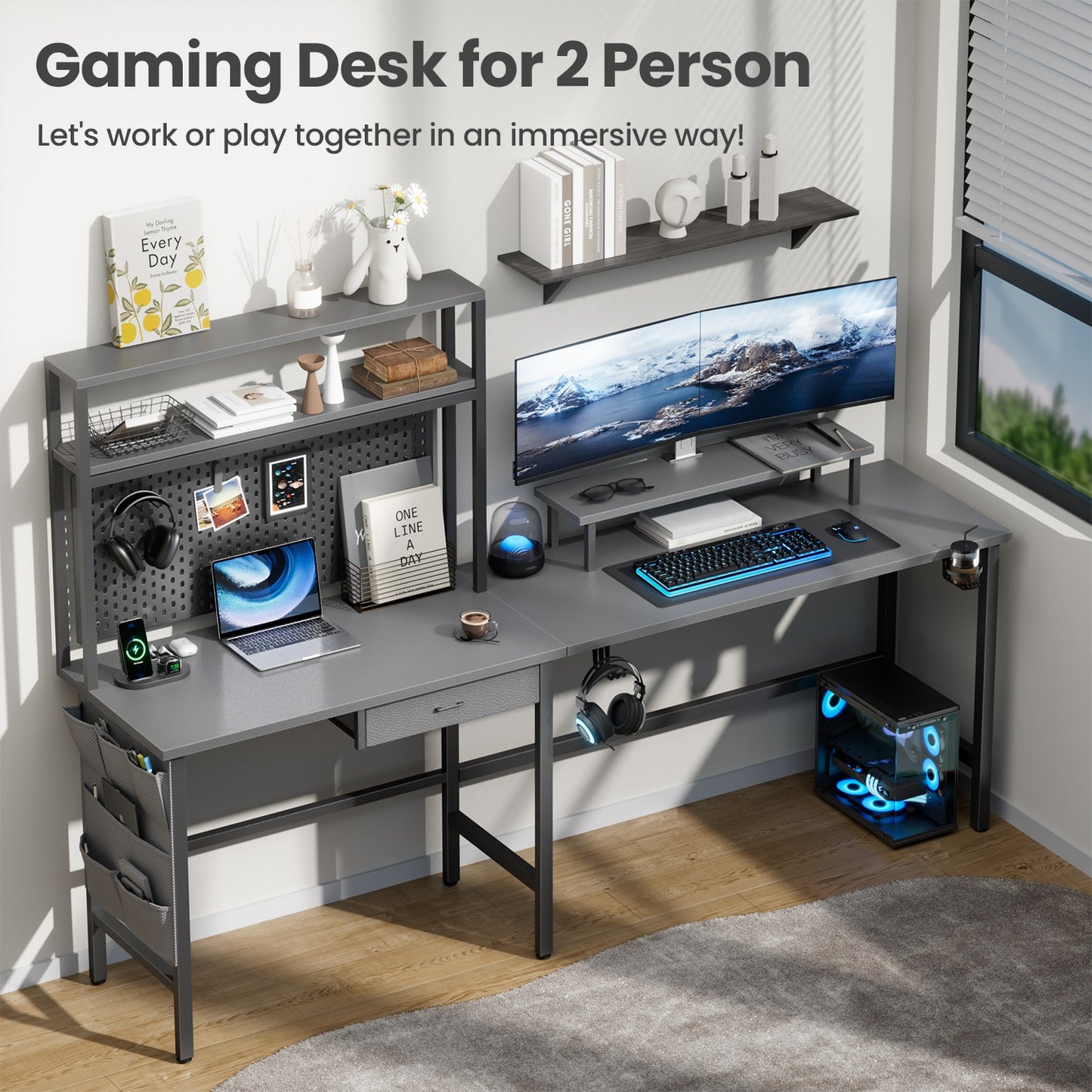 L Shaped Gaming Desk with LED & Power Outlets, Computer Desk with Monitor Stand