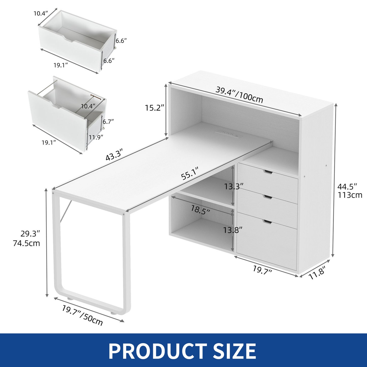 55" Computer Desk L Shaped Desk with Drawers & Power Outlets with Bookshelf