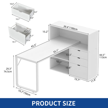 55" Computer Desk L Shaped Desk with Drawers & Power Outlets with Bookshelf