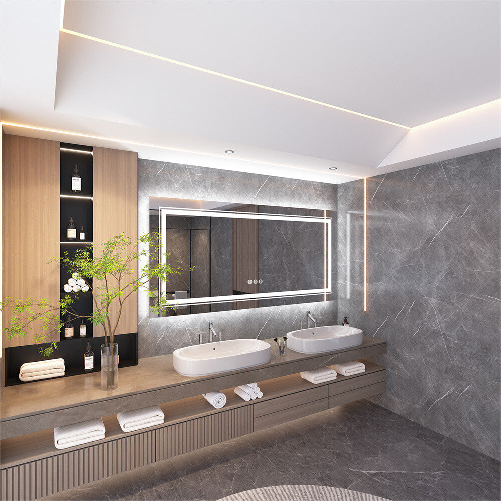 Bathroom Mirror with Front+Backlit Lights Dimmable Wall Vanity Mirrors Anti-Fog