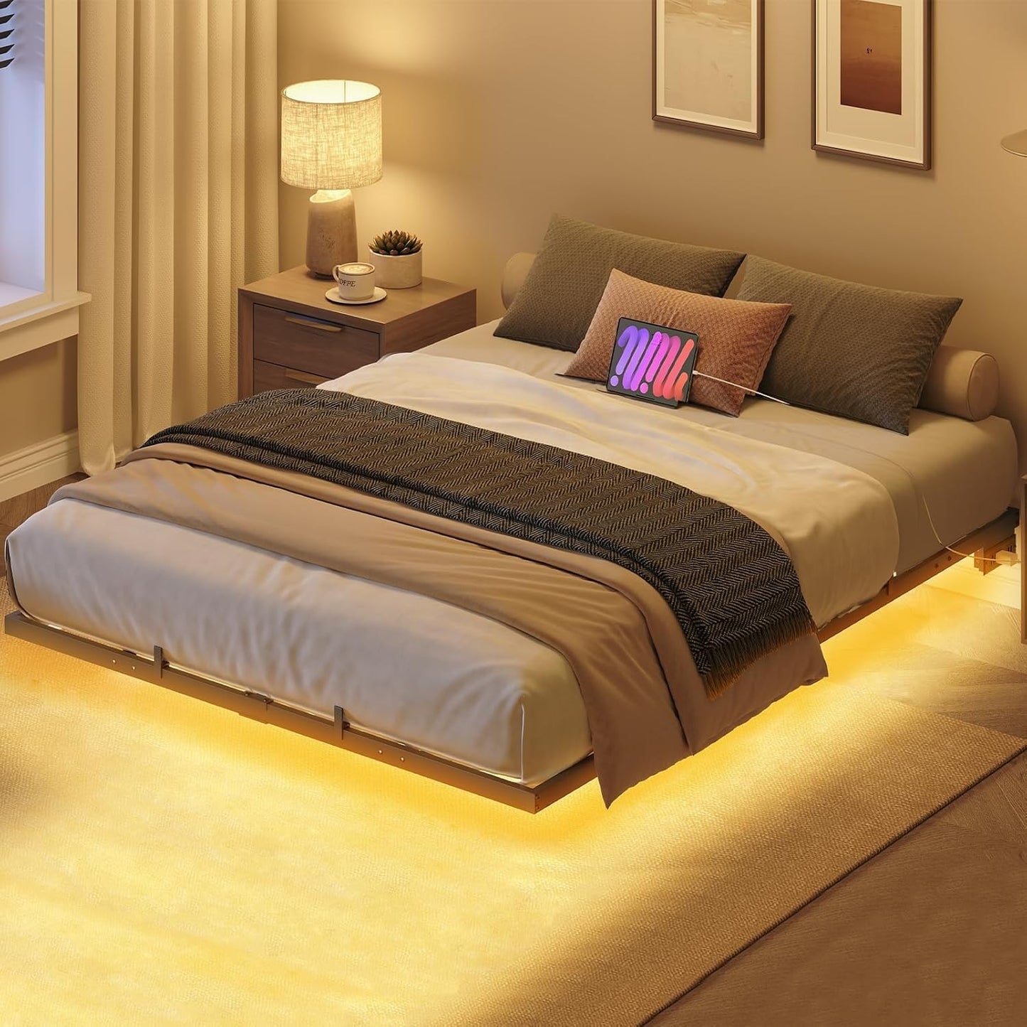 HOOBRO Floating Bed Frame Full Size Bed Frame w/Charging Station and LED Lights