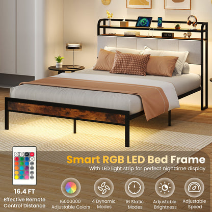Queen Size Bed Frame w/LED Light & Charging Station Heavy Duty Metal Platform