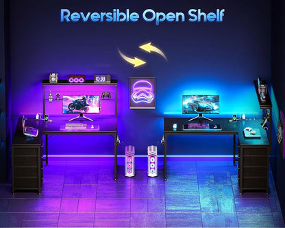 Office Table Reversible Computer Desk L Shaped Gaming Desk w/ Hook & LED Lights