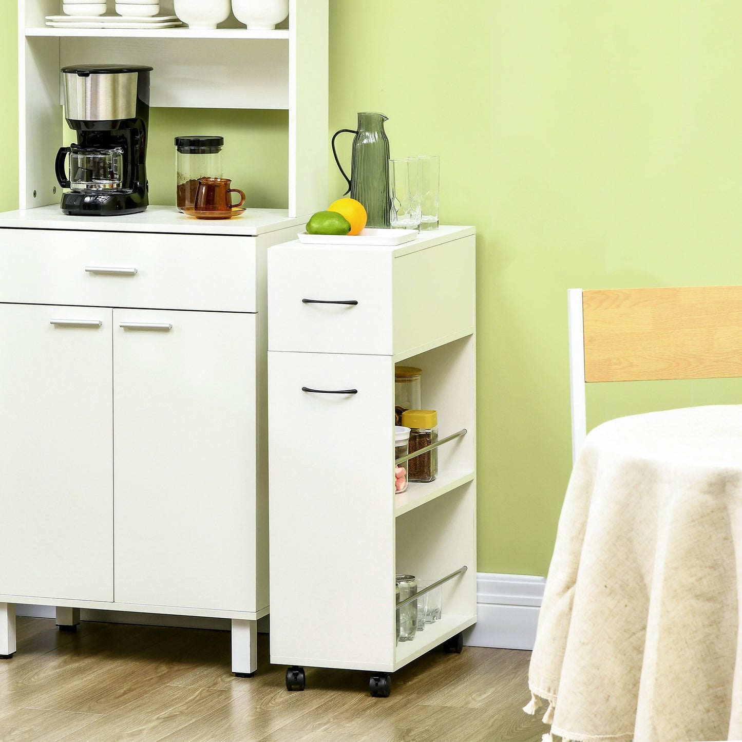 Rolling Kitchen Cart, Utility Storage Cart, Serving Trolley with Drawer, White